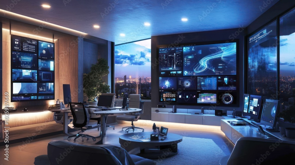 Modern Office with Technology and City View Modern Office with Technology and City View
