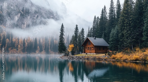 Tranquil Cabin by Serene Lake in Autumn Landscape