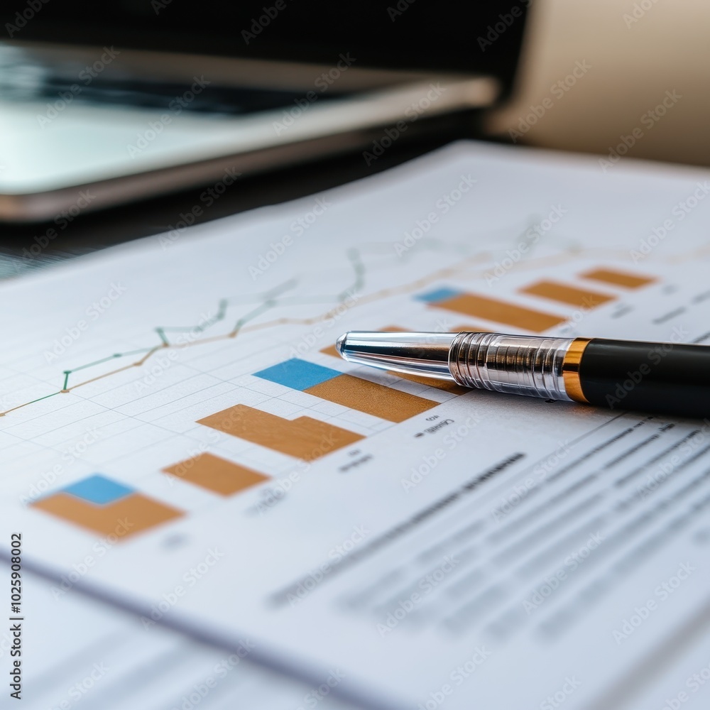 Closeup of a Pen Lying on a Business Graph with a Laptop in the Background. Closeup of a Pen Lying on a Business Graph with a Laptop in the Background.