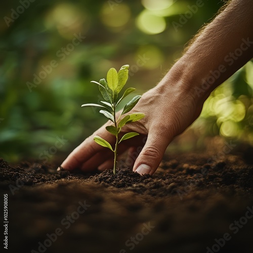 Hand Gently Planting a Small Sapling in Soil - Environmental Conservation, New Life, Growth and Hope
