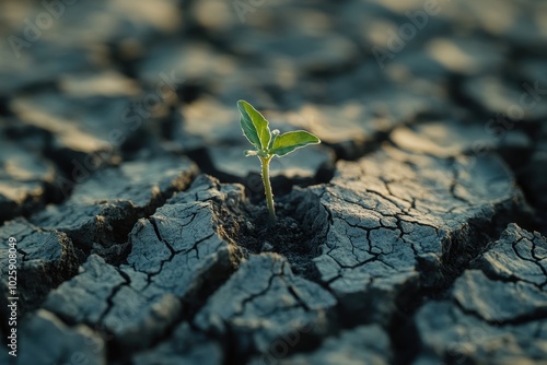 Small Plant Growing Through Cracked Earth - Symbol of Hope and Resilience.