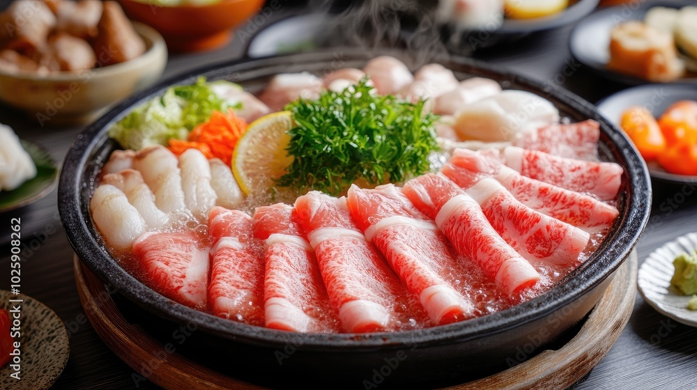 Delicious Hot Pot with Fresh Ingredients and Vegetables Delicious Hot Pot with Fresh Ingredients and Vegetables