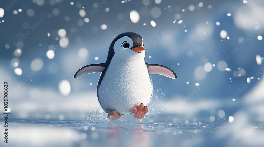 Fototapeta premium Adorable Penguin Waddling on Ice with Snow Falling - 3D Render.