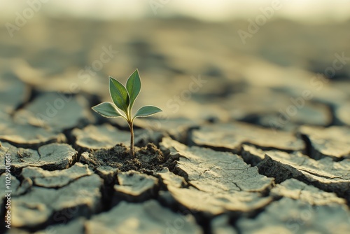 Closeup of a Single Green Plant Sprouting from Cracked Dry Soil  - A Symbol of Hope and Resilience