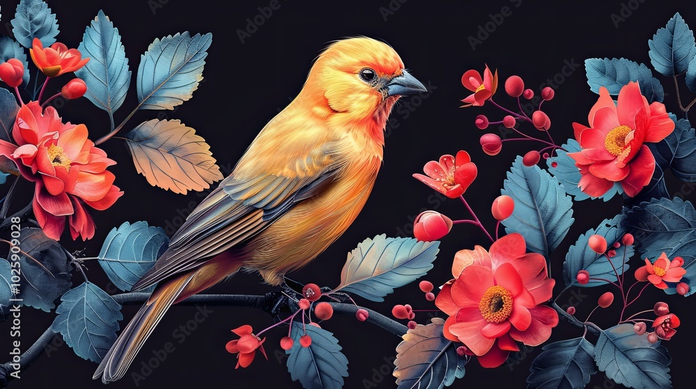 Elegant colored bird with plants and flowers on a black background. vector illustration Elegant colored bird with plants and flowers on a black background. vector illustration