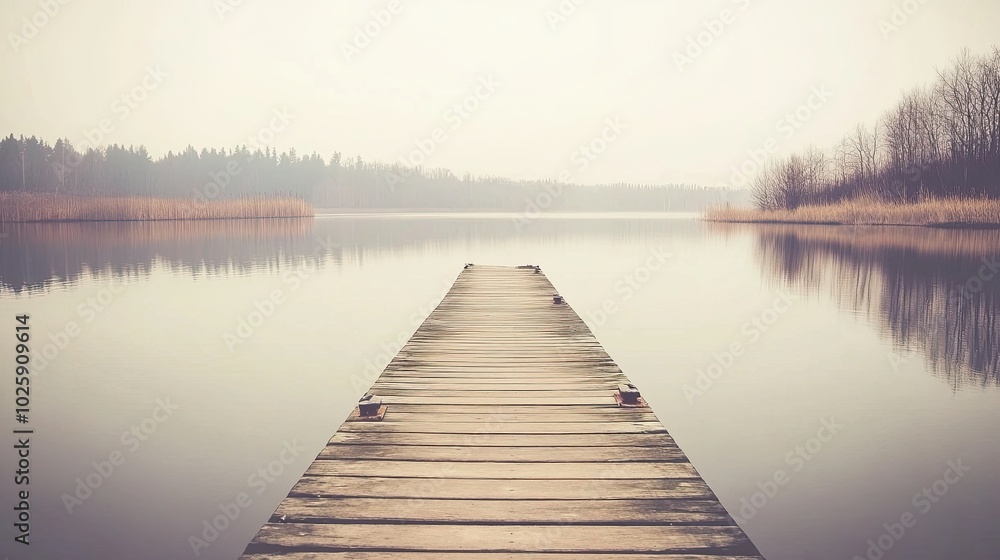 Naklejka premium Serene Lakeside Dock in Tranquil Misty Landscape