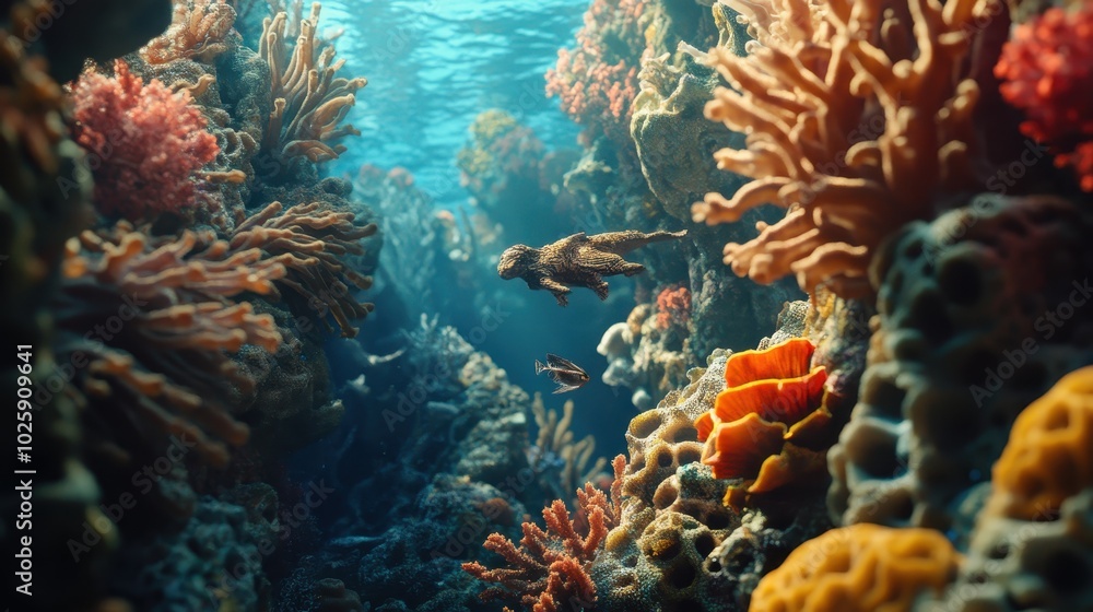 Vibrant Underwater Coral Reef with Fish and Sunbeams - Ocean Life Photography Vibrant Underwater Coral Reef with Fish and Sunbeams - Ocean Life Photography