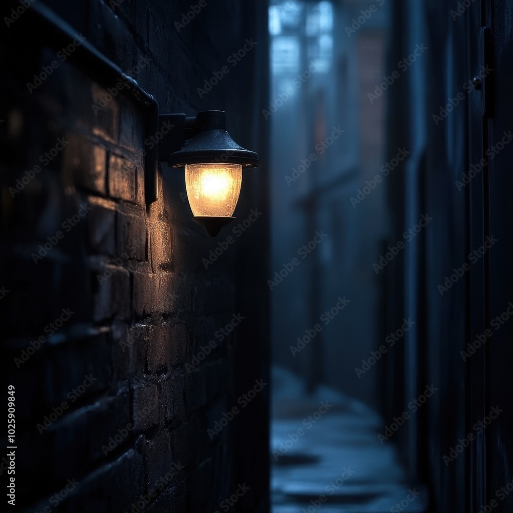 Single Illuminated Lantern on Brick Wall in a Dark Alleyway - Urban Night Photography Single Illuminated Lantern on Brick Wall in a Dark Alleyway - Urban Night Photography
