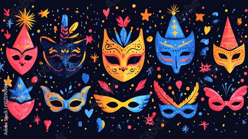 Wallpaper Mural Bold and festive seamless pattern of carnival icons including masks confetti and party hats perfect for creating vibrant backgrounds for celebrations like carnival mardi gras or photo booths Torontodigital.ca