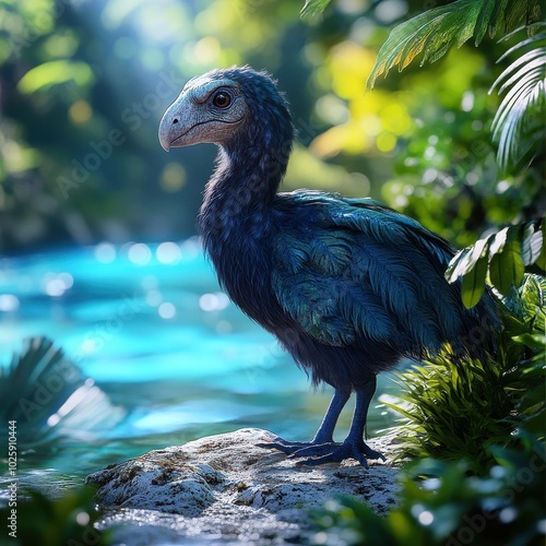 Prehistoric Bird - Extinct Haast's Eagle Standing on Rock Near Water - Digital Illustration. photo