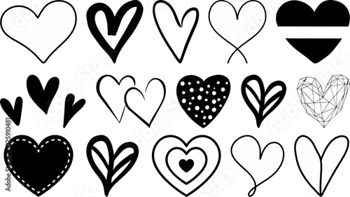 Set of Vector Heart, Doodle Heart, Love Symbols, Vector Illustration Set for Wedding, and Romantic Designs, Black and White Heart Icons in Various Styles