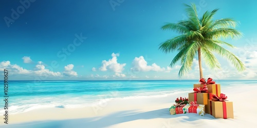 Wallpaper Mural Coconut tree in the beach with red christmas gift boxes Torontodigital.ca