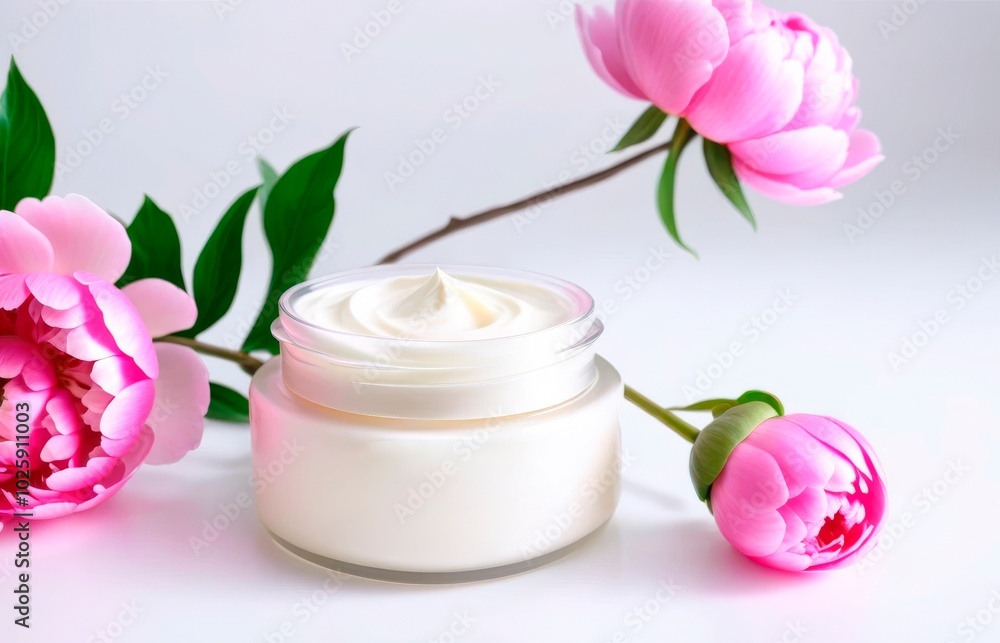 two glass jars of face cream on a table with pink blooming peonies, skin care cosmetics two glass jars of face cream on a table with pink blooming peonies, skin care cosmetics