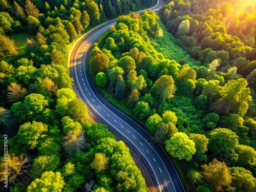 Aerial View of a Scenic Road Surrounded by Lush Green Nature for Stunning Documentary Photography