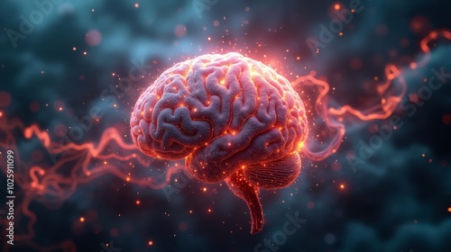 Brain Surrounded by Abstract Energy Waves and Glowing Particles Symbolizing Vitality and Health