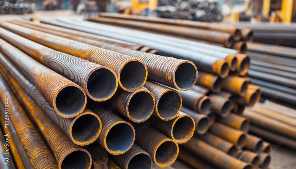 A stack of rusted metal pipes arranged in a construction yard, showcasing materials used in industrial applications. A stack of rusted metal pipes arranged in a construction yard, showcasing materials used in industrial applications.