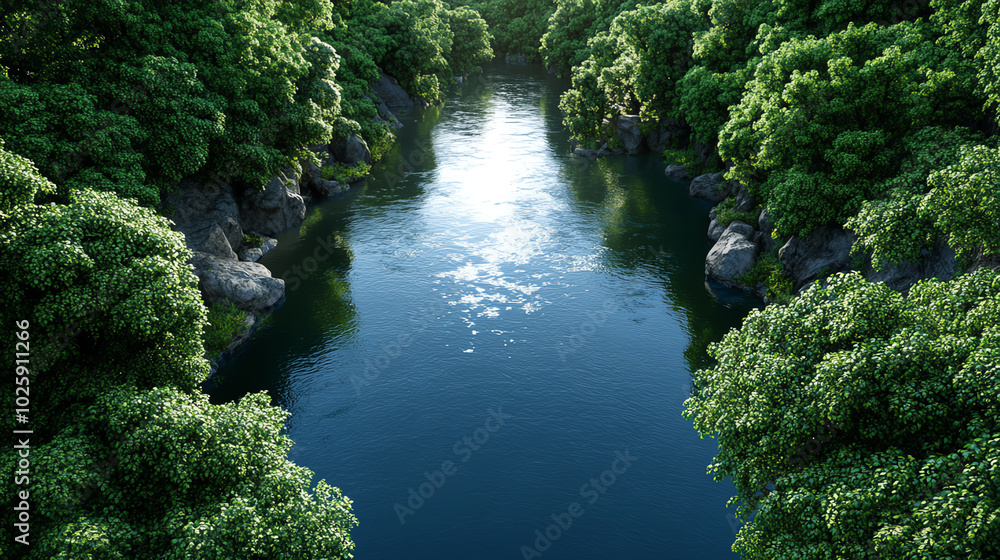 Serene river surrounded by lush greenery Serene river surrounded by lush greenery