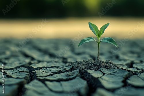 Small Green Plant Sprouting Through Dry Cracked Earth -  Hope, Resilience, New Life, Growth, Nature