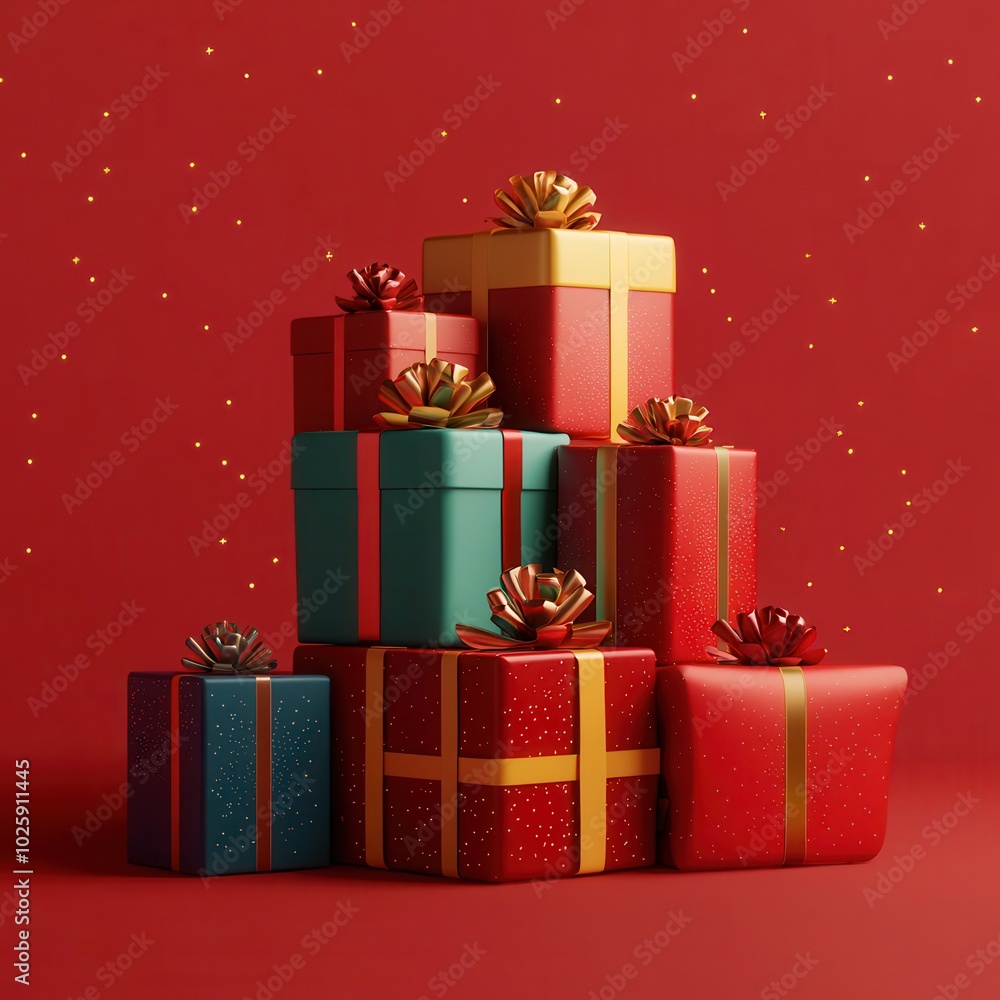 Obraz premium Stack of Red and Green Gift Boxes with Golden Bows on Red Background with Gold Sparkles