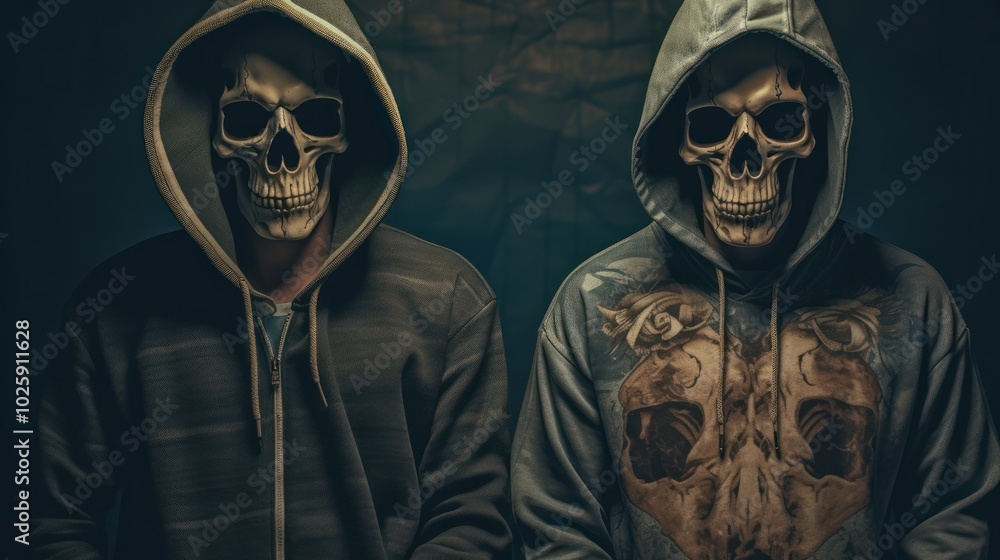 Two hooded figures wearing skull masks, creating a spooky and mysterious atmosphere. Two hooded figures wearing skull masks, creating a spooky and mysterious atmosphere.