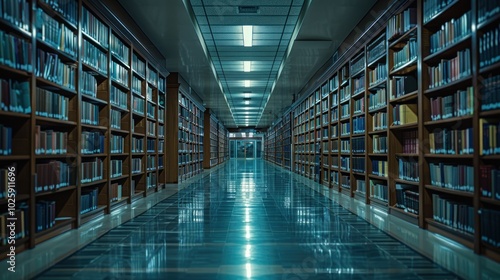 Wallpaper Mural A well-lit corridor between tall bookshelves in a university library, featuring cool lighting and an academic environment. Torontodigital.ca