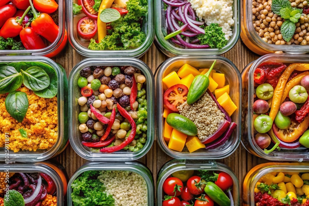 Aerial View of Colorful Vegan Meal Prep Containers Stacked for Healthy Eating Aerial View of Colorful Vegan Meal Prep Containers Stacked for Healthy Eating