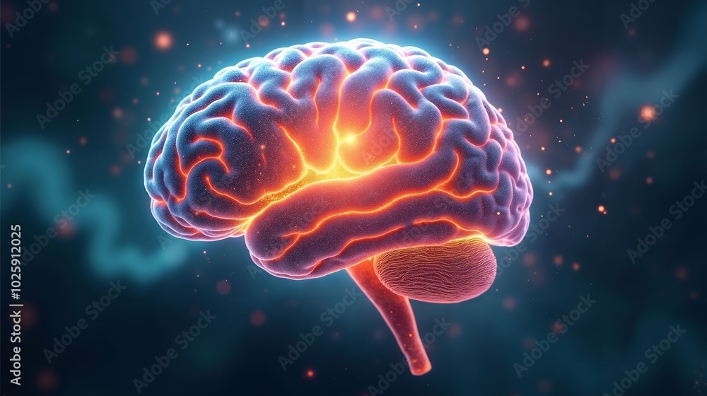 Brain Surrounded by Abstract Energy Waves and Glowing Particles Symbolizing Vitality and Health Brain Surrounded by Abstract Energy Waves and Glowing Particles Symbolizing Vitality and Health