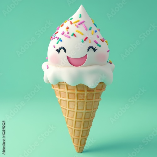 3D Cartoon Ice Cream Cone with Sprinkles and Smiling Face on Mint Green Background.