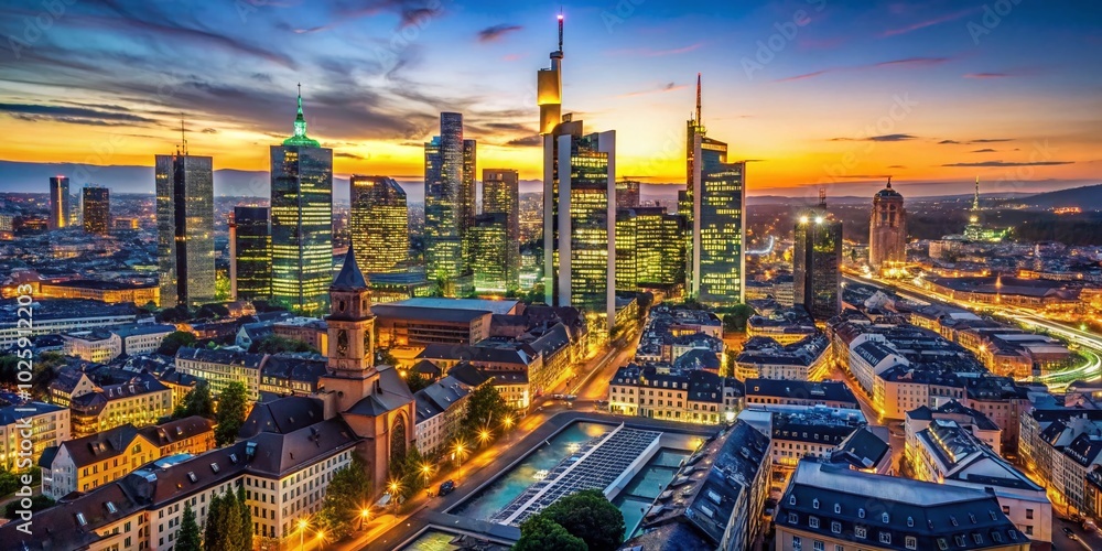 Fototapeta premium Aerial View of Frankfurt Financial District Skyline with Skyscraper Silhouettes and Copy Space for Financial Themes