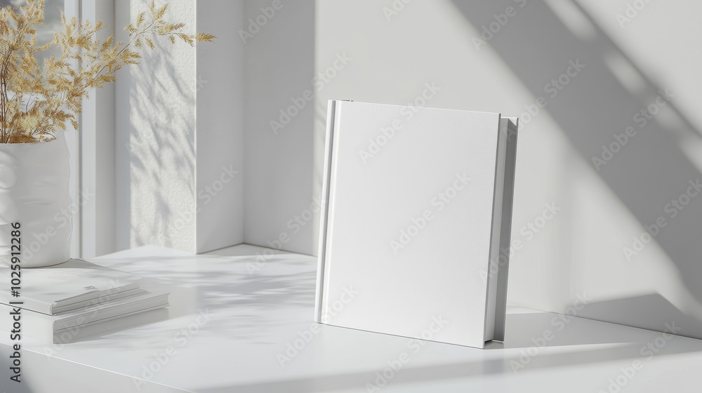 Blank Book Mockup with Natural Light and Shadow on White Table.