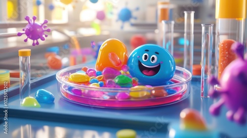 3D Cartoon Smiley Face Virus in a Petri Dish with Colorful Liquid and Beads - Science Illustration.