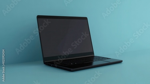 Black Laptop Computer on Blue Background - Minimalist Technology Image.