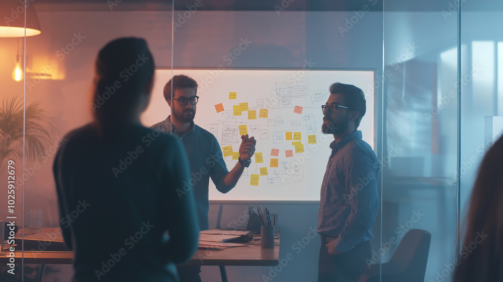 A small team of entrepreneurs in a modern office, collaboration at a whiteboard, brainstorming new business ideas and drawing diagrams with sticky notes A small team of entrepreneurs in a modern office, collaboration at a whiteboard, brainstorming new business ideas and drawing diagrams with sticky notes