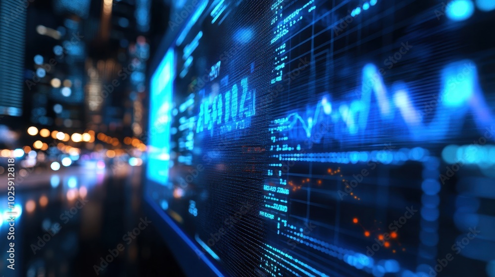 Futuristic Data Display with Blue and Orange Lights on a City Background - Technology and Innovation Concept.