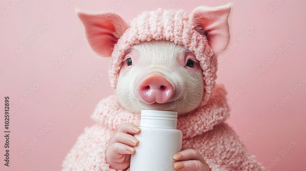 Pig Holding Blank white skincare bottles, Wearing mask beauty Pig Holding Blank white skincare bottles, Wearing mask beauty