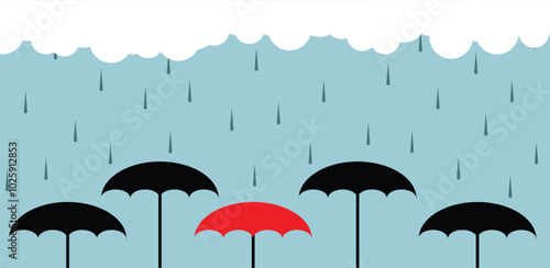 Colorful Umbrella under Pouring Rain Cloudy Weather. Protection and security in business concept vector