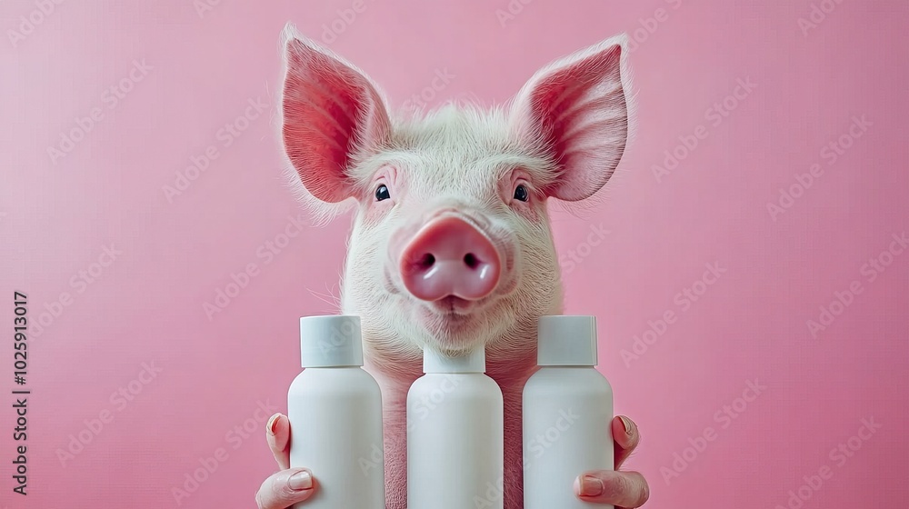 custom made wallpaper toronto digitalPig Holding Blank white skincare bottles, Wearing mask beauty