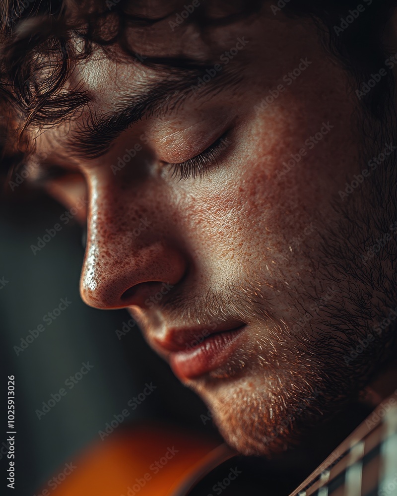 Obraz premium Closeup Portrait of a Young Man with Freckles and Closed Eyes, Focused on Nose and Lips