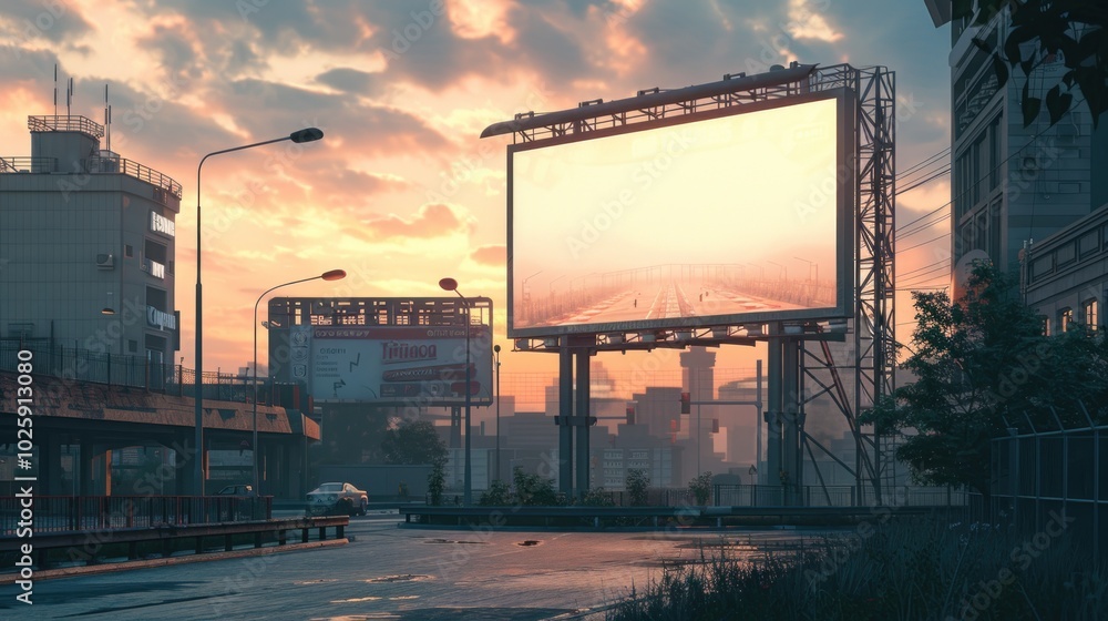 A blank advertising billboard in a downtown business district, showcasing ambient lighting and a professional environment. A blank advertising billboard in a downtown business district, showcasing ambient lighting and a professional environment.