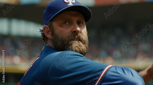 Close-up of professional baseball player in uniform, intense expression as he prepares to throw the ball during a high-stakes playoff game, capturing the focus and determination of the athlete. photo