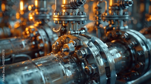 Interconnected pipes and valves in an oil and gas refinery, highlighting the industrial environment.