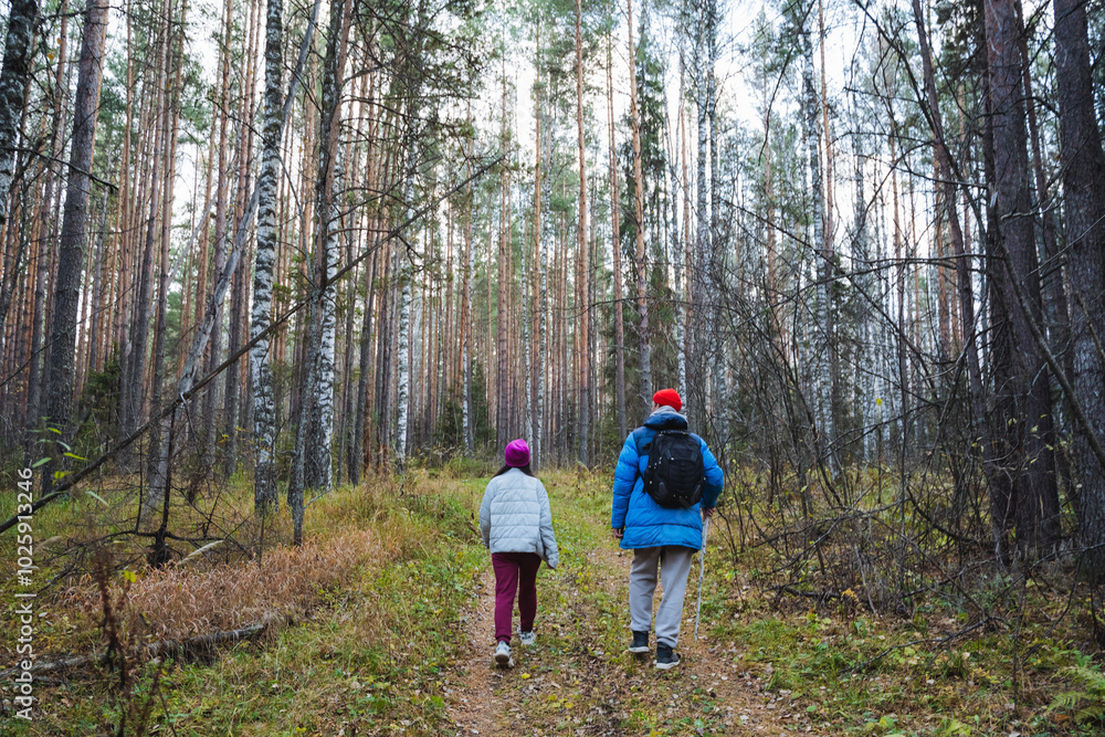 Fototapeta premium Embark on a delightful family hiking adventure as you explore a serene forest path surrounded by stunning biodiversity and peaceful scenery