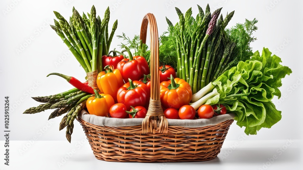 A woven basket filled with fresh vegetables like peppers, tomatoes, lettuce, and asparagus. A woven basket filled with fresh vegetables like peppers, tomatoes, lettuce, and asparagus.