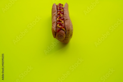 Hot dog with keptchup and mustard photo