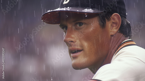 Close-up of professional baseball player in uniform, intense expression as he prepares to throw the ball during a high-stakes playoff game, capturing the focus and determination of the athlete. photo