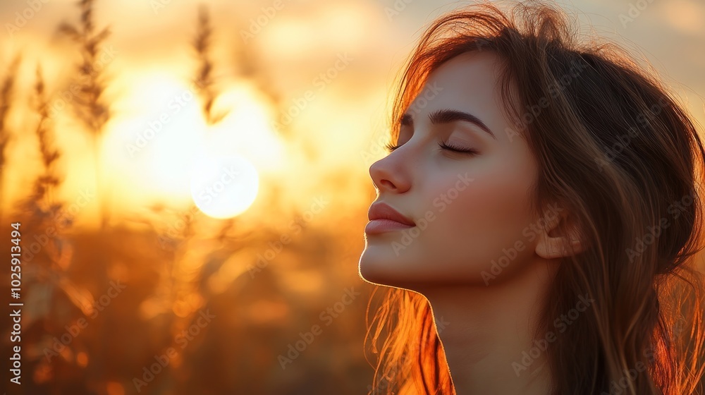 Woman with closed eyes standing in a field at sunset. Woman with closed eyes standing in a field at sunset.