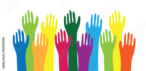 Multi Cultural People Raising Colorful Hands in the Air. Diversity and human group activities vector art
