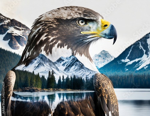 An eagle with a breathtaking mountain reflection in its body near a serene lake at sunset