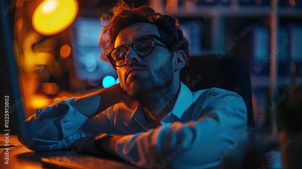 A sleepy office worker dozing off in front of a computer screen in a dimly lit office. A sleepy office worker dozing off in front of a computer screen in a dimly lit office.