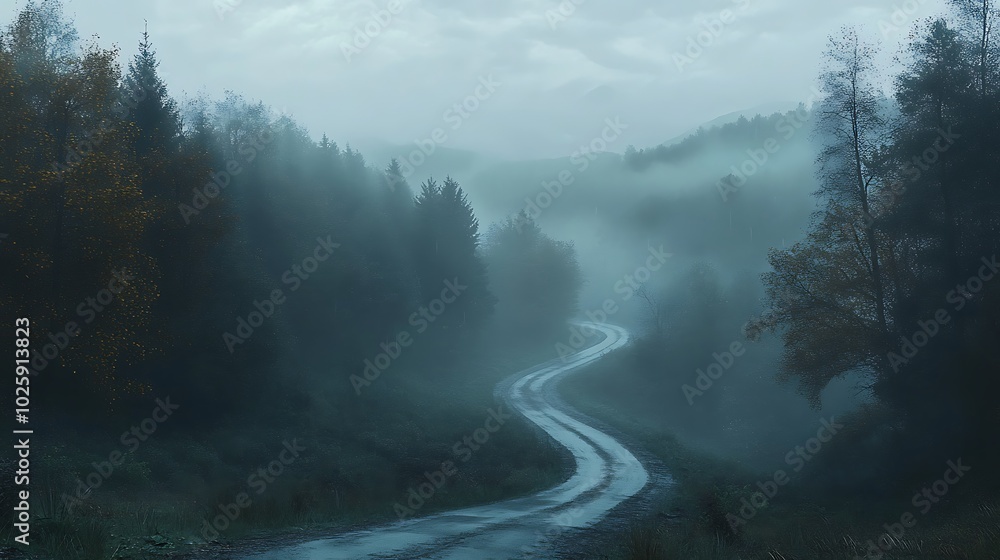 A road winding through a fog-covered forest after a storm, the trees and ground wet from the rain, and mist hanging low in the air. The distant hills are shrouded in fog, A road winding through a fog-covered forest after a storm, the trees and ground wet from the rain, and mist hanging low in the air. The distant hills are shrouded in fog,